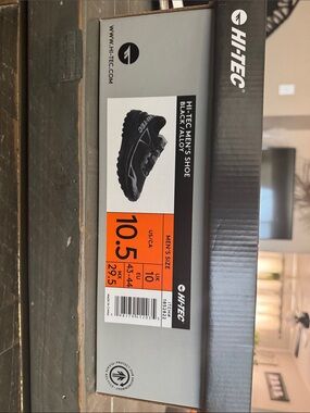 Hi-Tec Black and Orange Shoe Box with Men’s Shoe Graphic